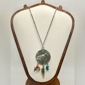 Handmade Wolf Pendant Necklace Silver Tone Feather Charm